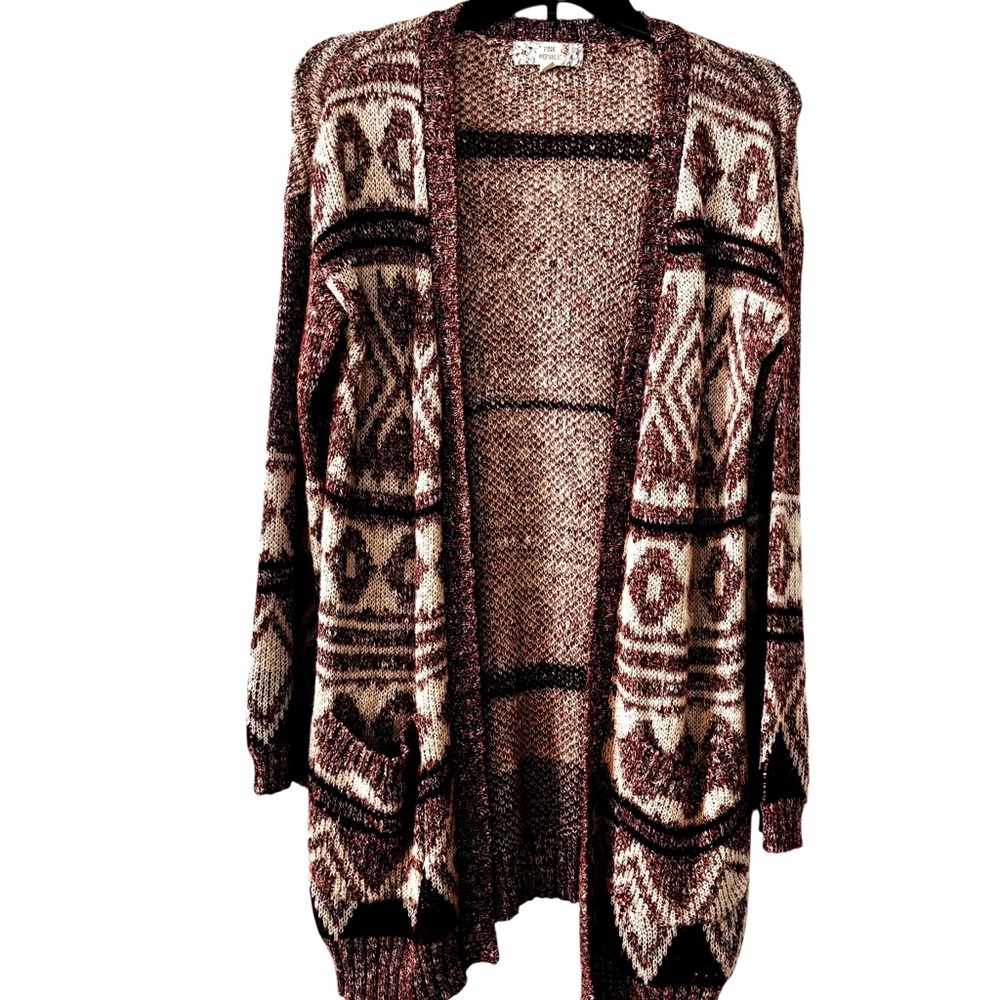 Pink Republic Sz M Women's Burgundy Maroon and Cream Patterned Cardigan Sweater